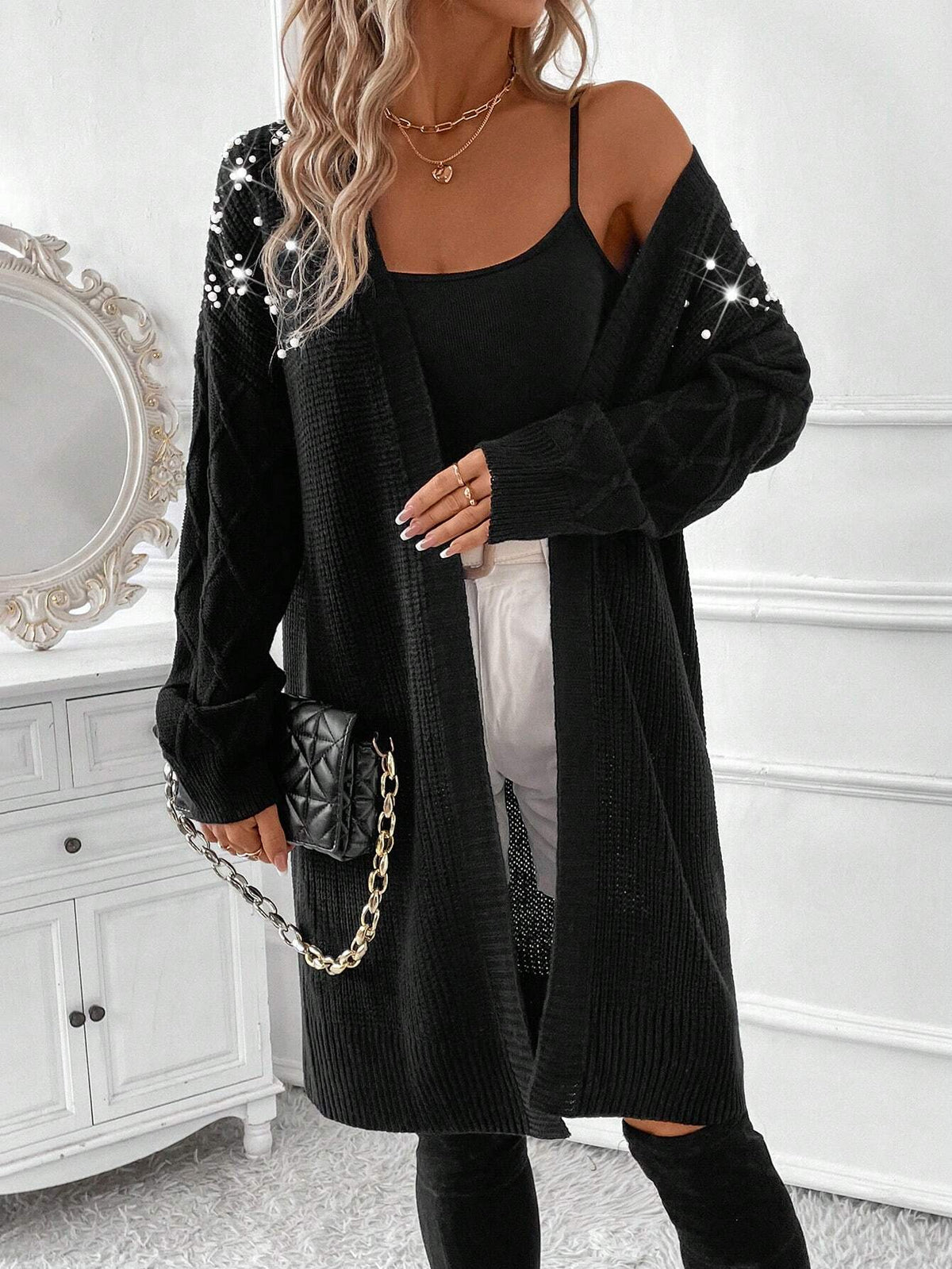 Cardigan lungo elegante da donna con fiocco e decorato con perle nere