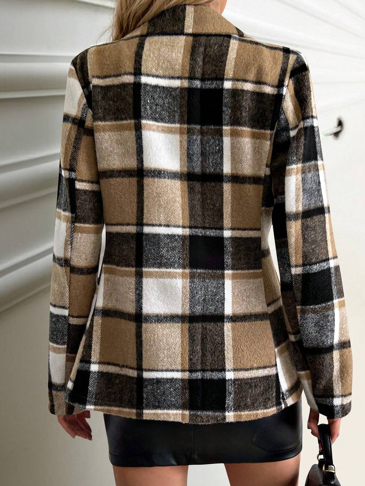 Giacca di lana plaid a manica lunga con bottoni singoli per le donne, adatta per autunno e inverno