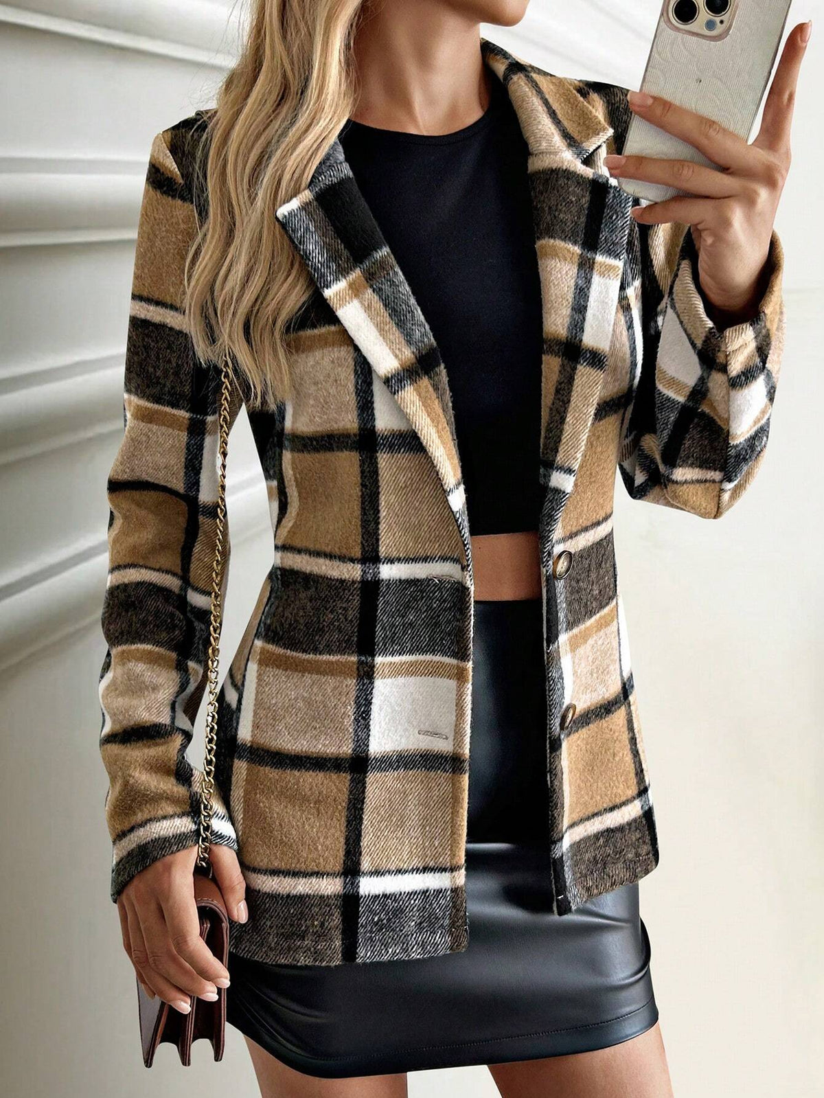 Giacca di lana plaid a manica lunga con bottoni singoli per le donne, adatta per autunno e inverno