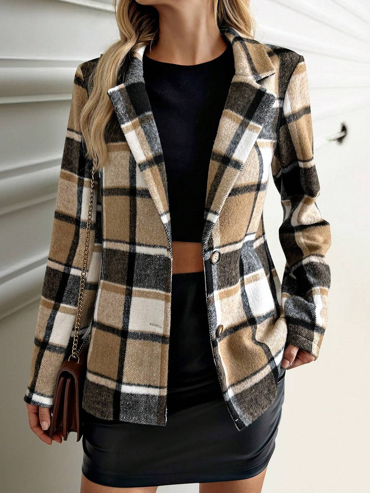 Giacca di lana plaid a manica lunga con bottoni singoli per le donne, adatta per autunno e inverno