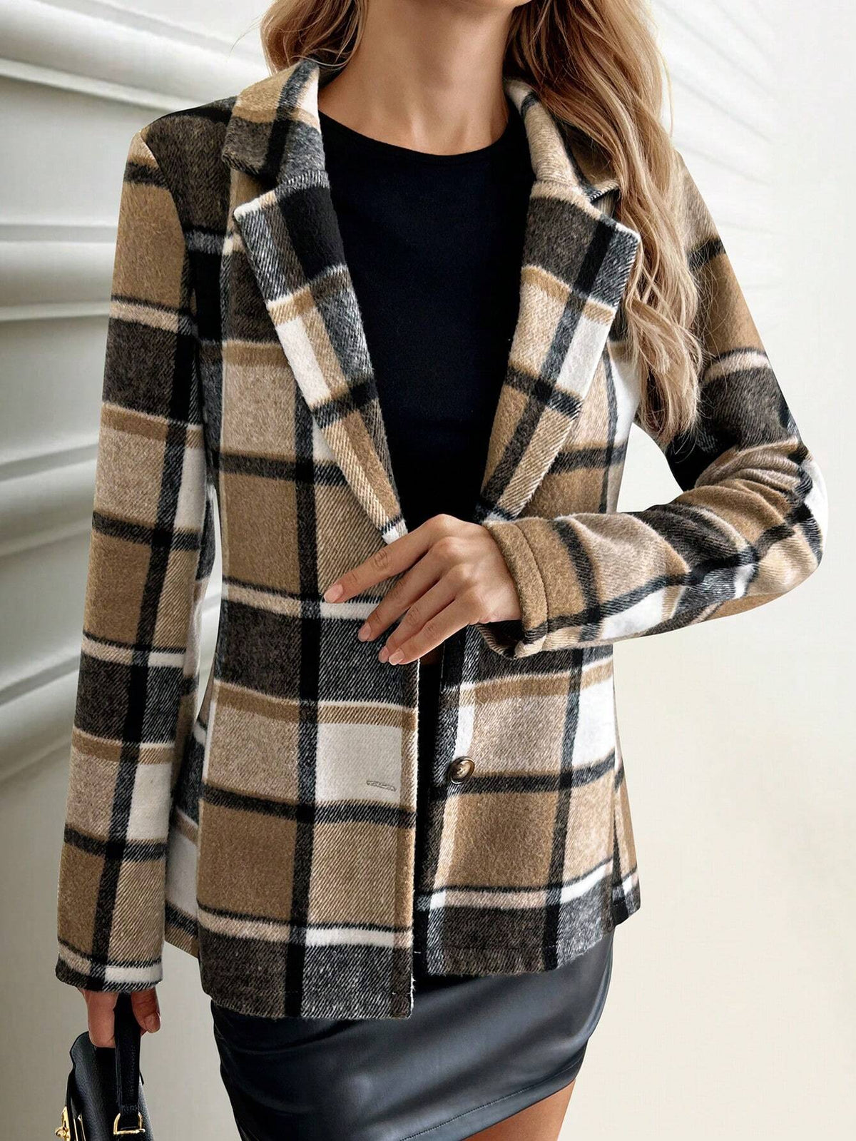 Giacca di lana plaid a manica lunga con bottoni singoli per le donne, adatta per autunno e inverno