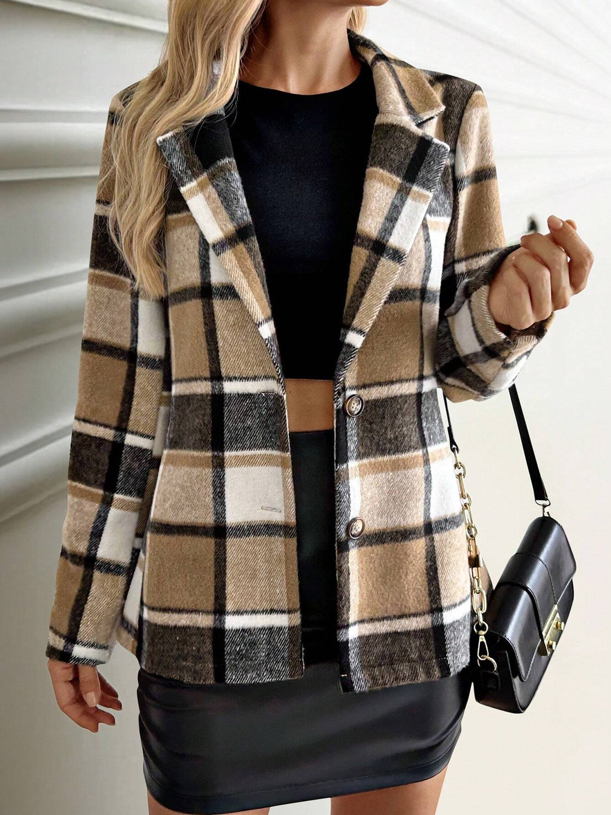 Giacca di lana plaid a manica lunga con bottoni singoli per le donne, adatta per autunno e inverno