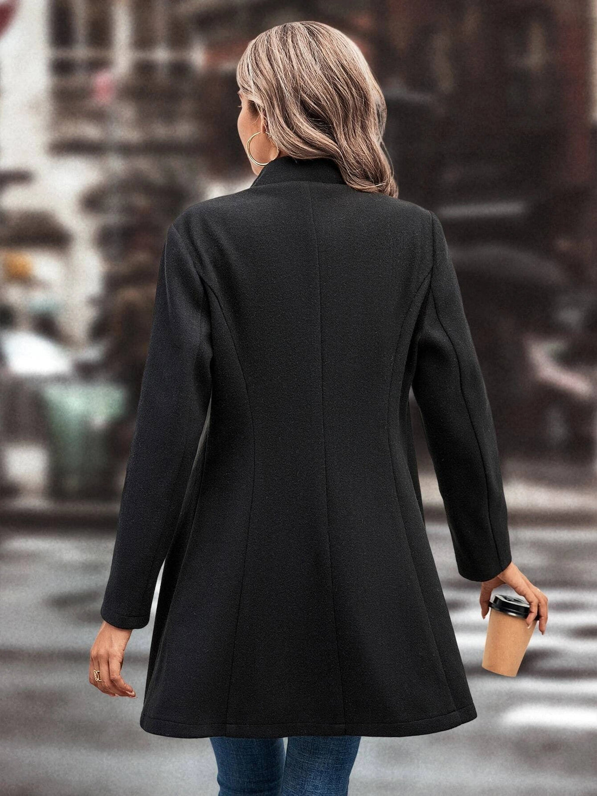 Cappotto In Lana Casual Colletto A Stelo Tinta Unita Per L'Autunno E L'Inverno
