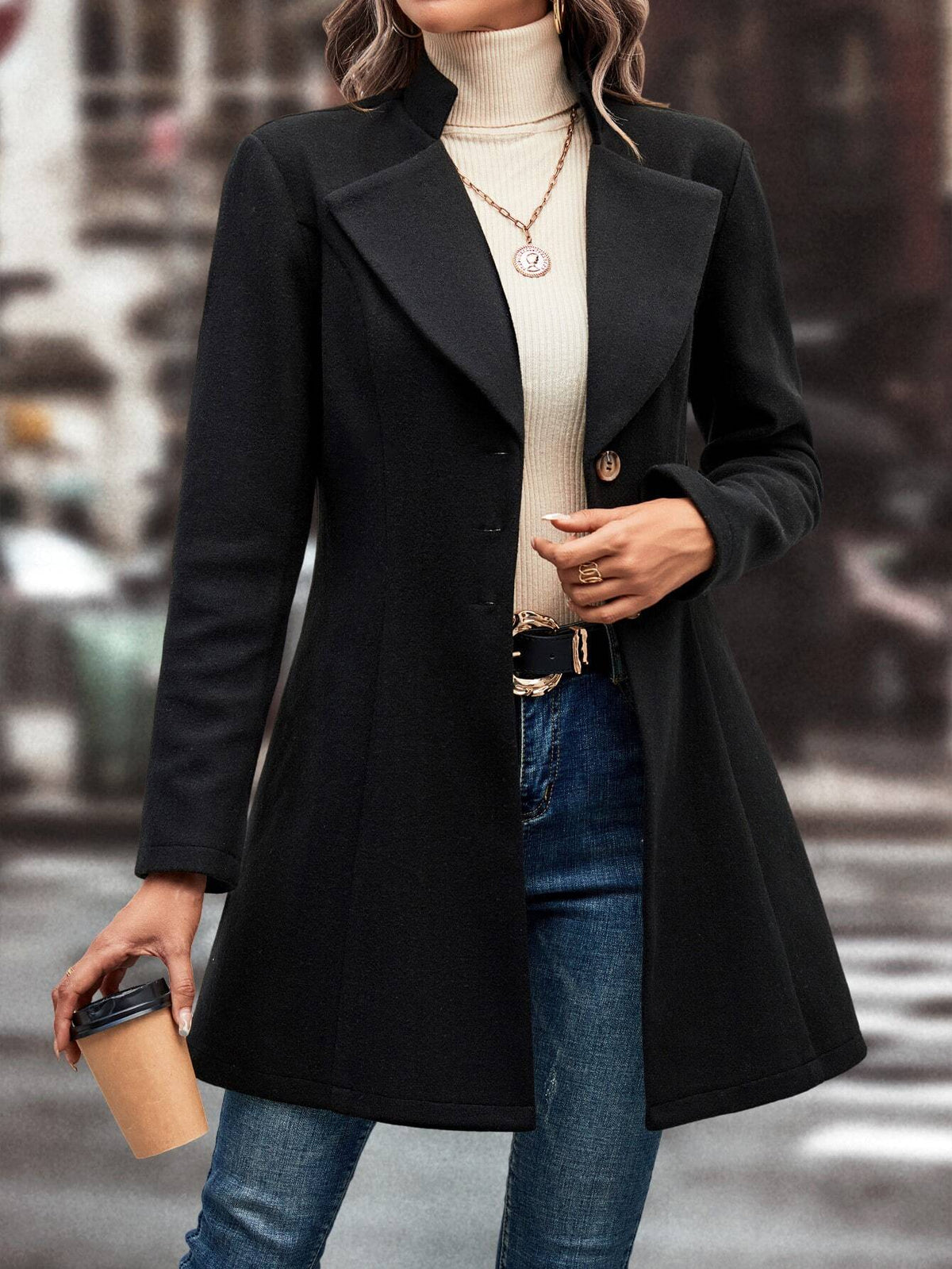 Cappotto In Lana Casual Colletto A Stelo Tinta Unita Per L'Autunno E L'Inverno