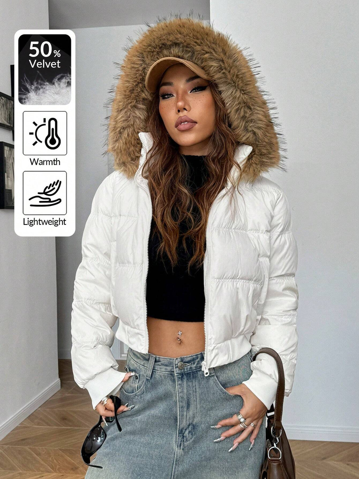 Giacca casual imbottita in piuma con cappuccio in finta pelliccia, con patch in tessuto intrecciato, per donne, colore bianco
