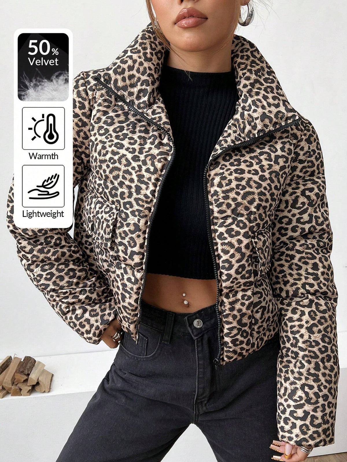 Giacca corta imbottita in piuma con stampa leopardata e zip frontale, manica lunga, per uso casual quotidiano da donna