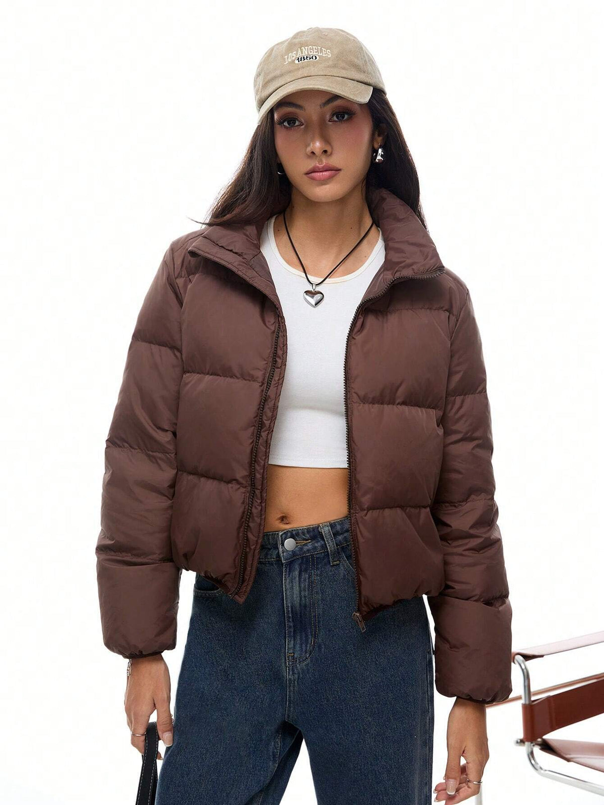 Giacca corta imbottita in piuma, monocolore, con collo alto, manica lunga, per uso casual, adatta per l'inverno, da donna
