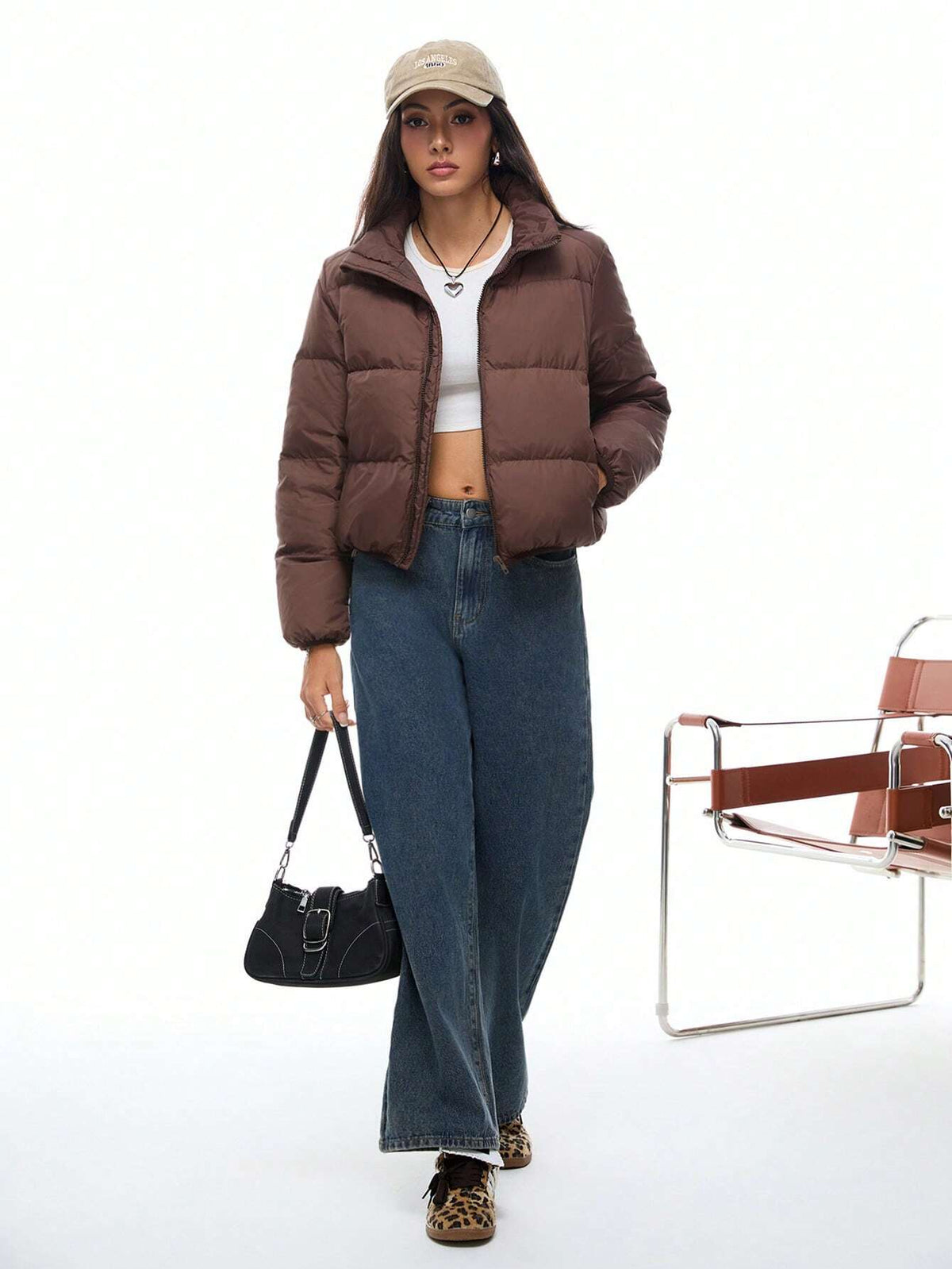 Giacca corta imbottita in piuma, monocolore, con collo alto, manica lunga, per uso casual, adatta per l'inverno, da donna