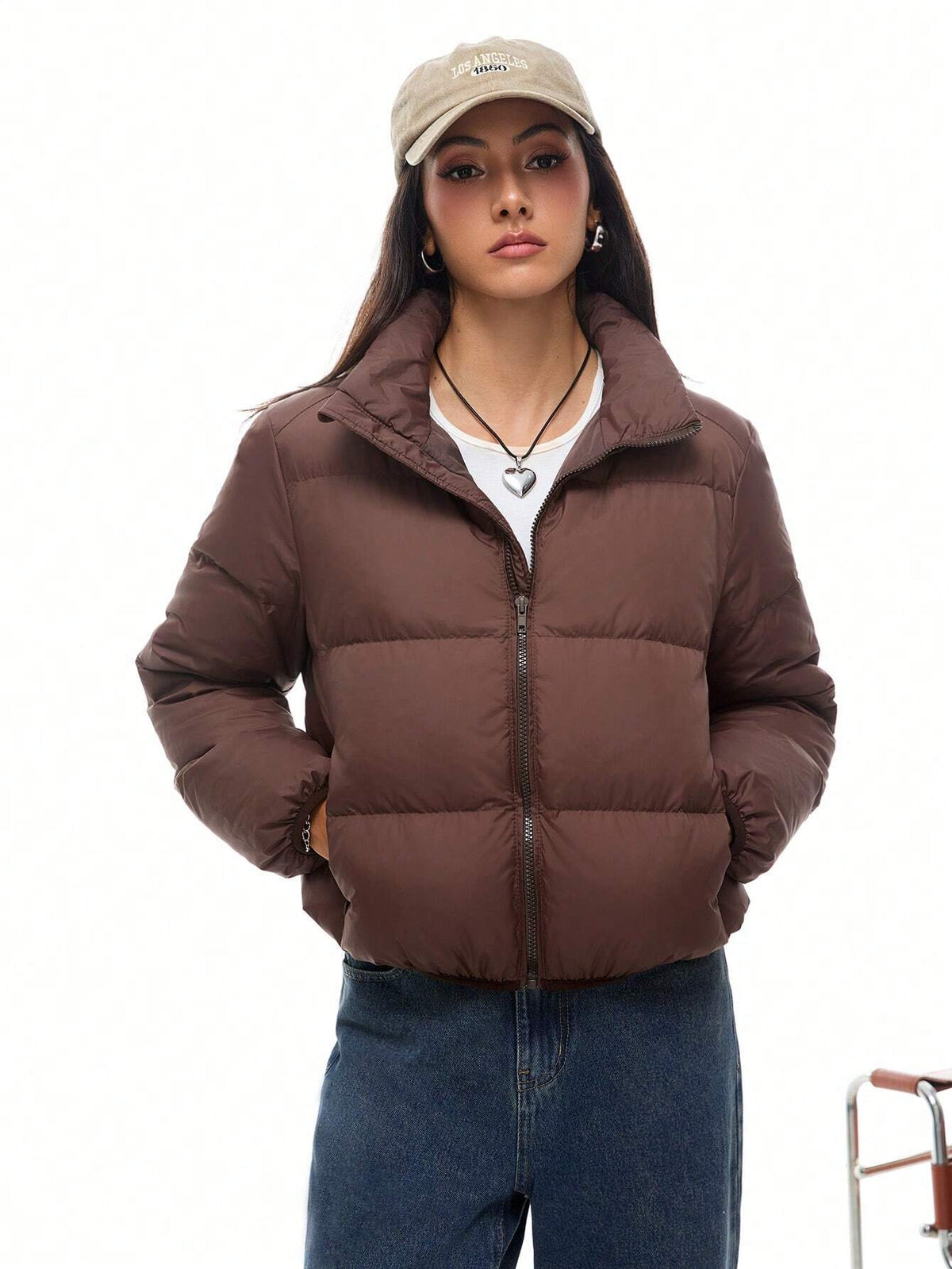 Giacca corta imbottita in piuma, monocolore, con collo alto, manica lunga, per uso casual, adatta per l'inverno, da donna