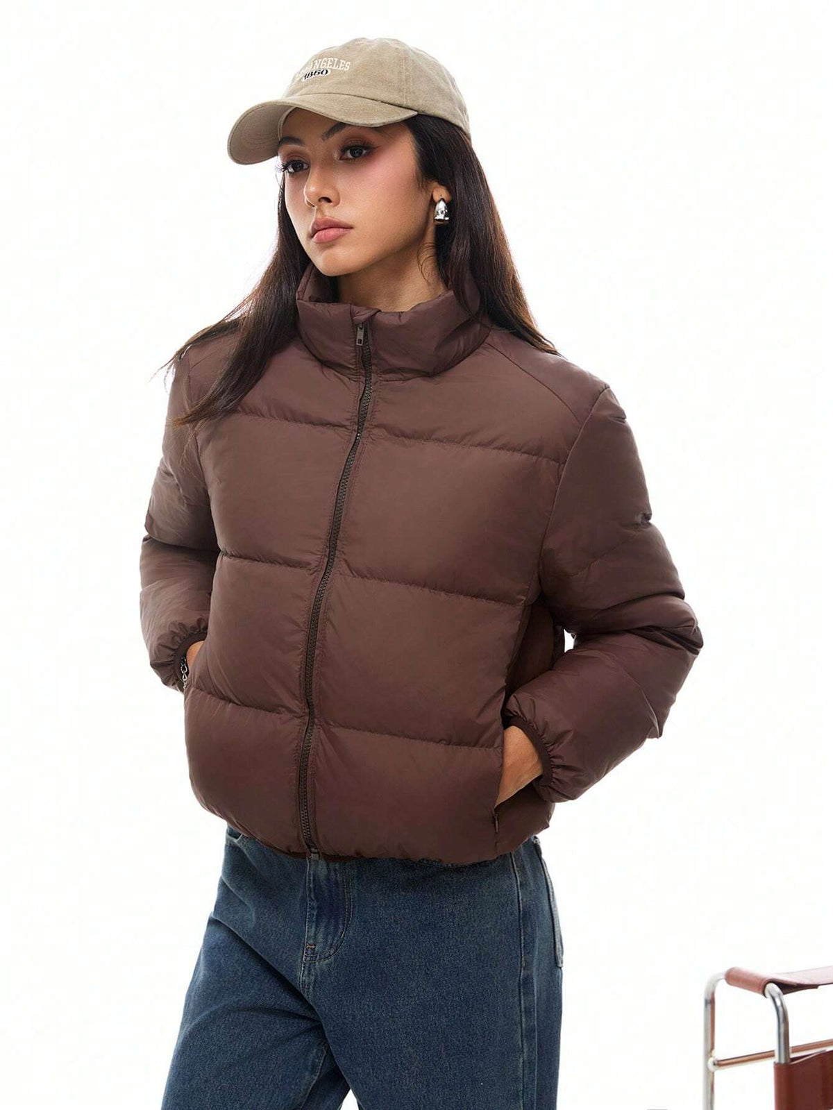 Giacca corta imbottita in piuma, monocolore, con collo alto, manica lunga, per uso casual, adatta per l'inverno, da donna