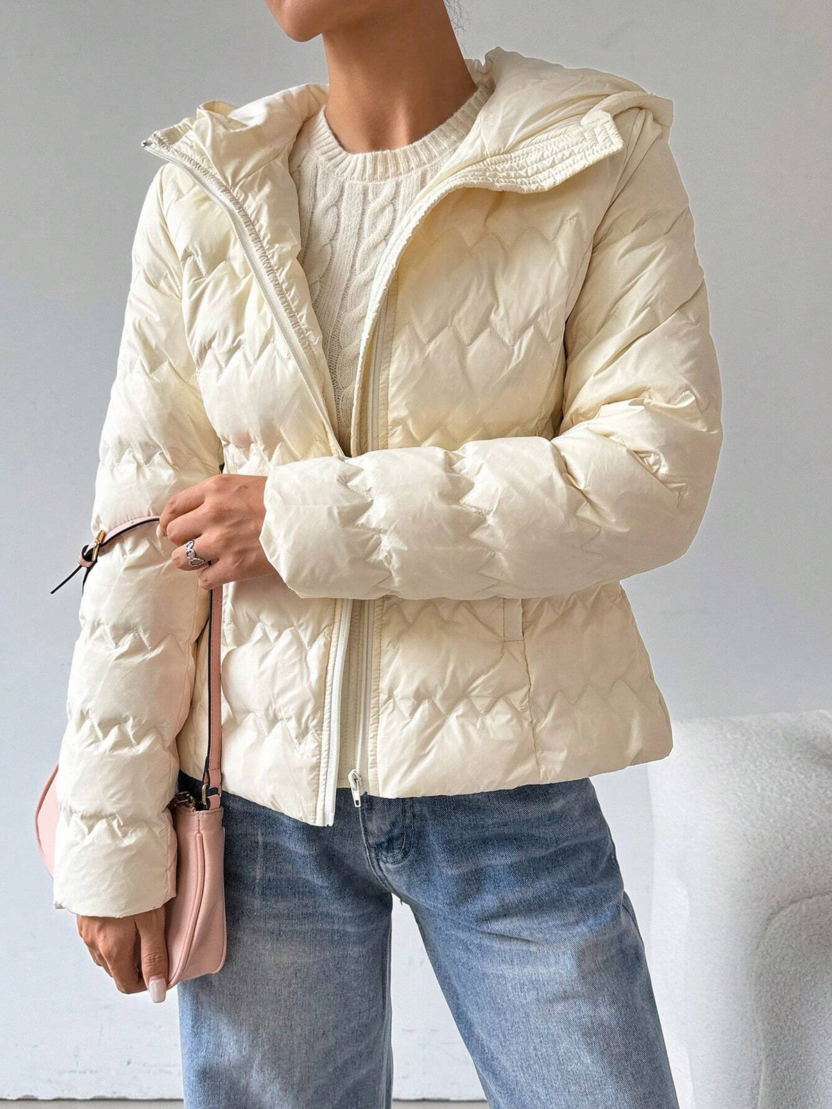 Giacca imbottita con cappuccio a maniche lunghe con chiusura lampo, stile minimalista, per donne