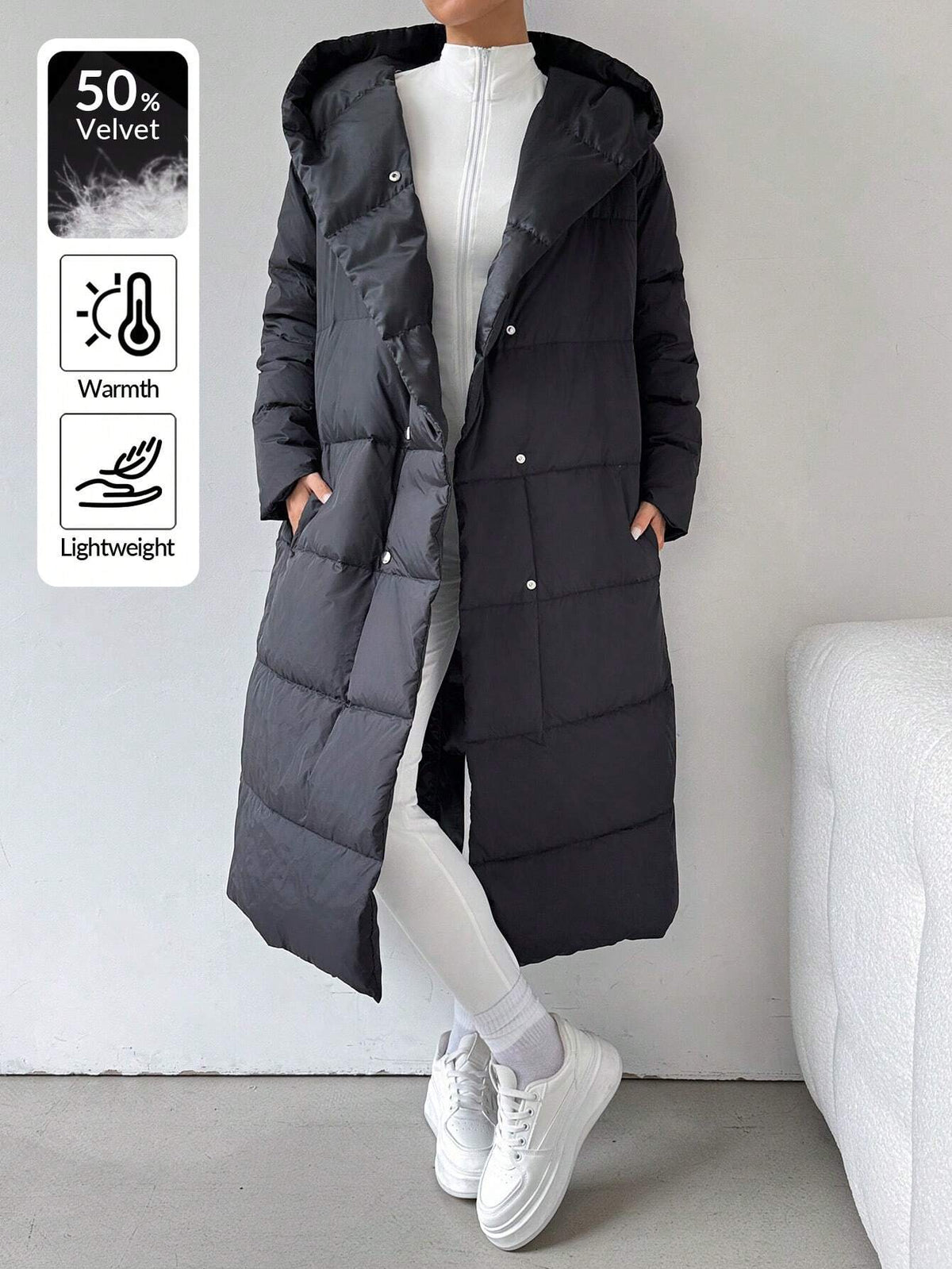 Giacca lunga imbottita con cappuccio, maniche lunghe, tasche e bottoni frontali, colore unito, per donne