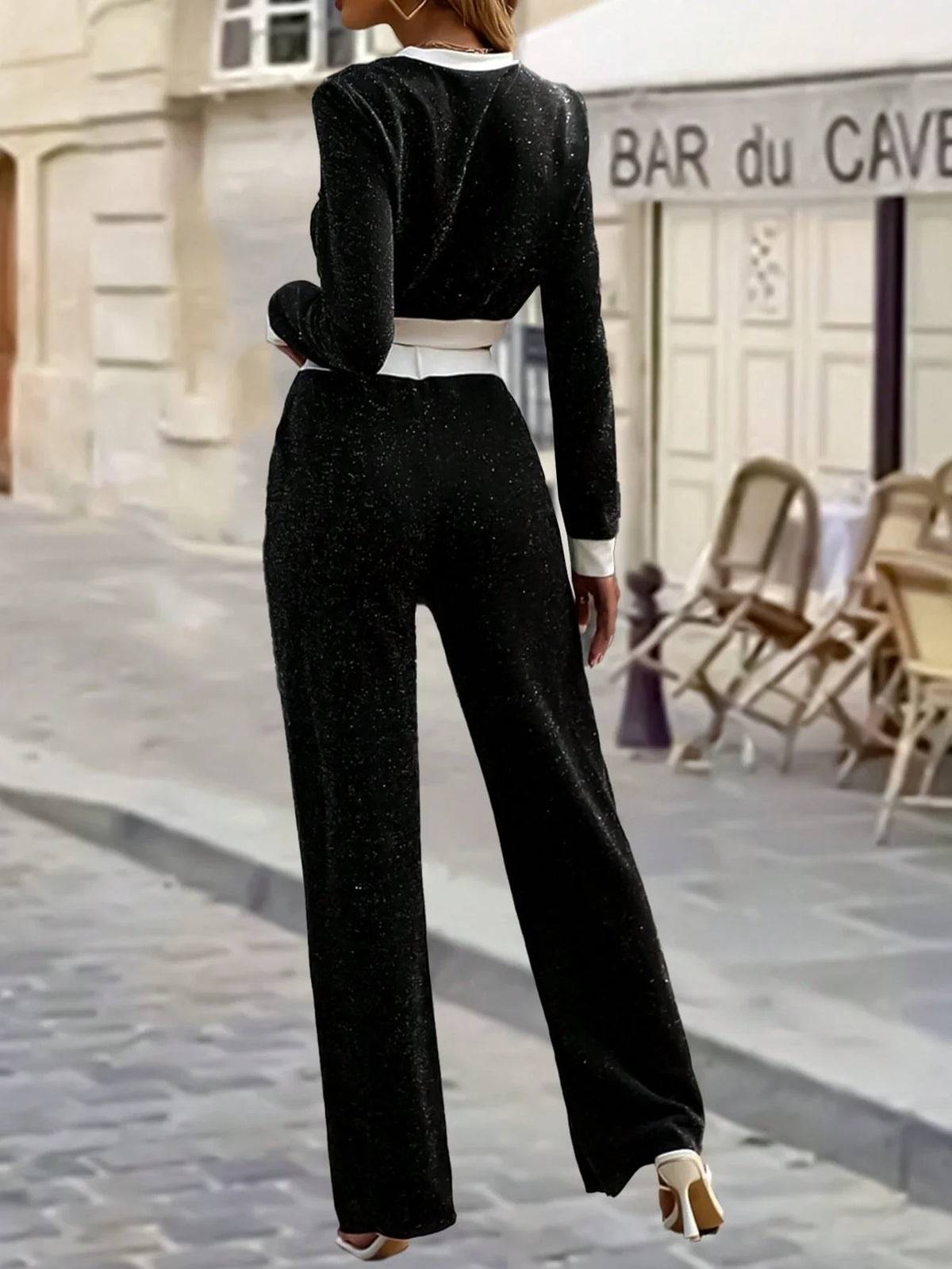 Set casual da 2 pezzi con top corto a maniche lunghe e collo rotondo a contrasto di colore e pantaloni, primavera autunno