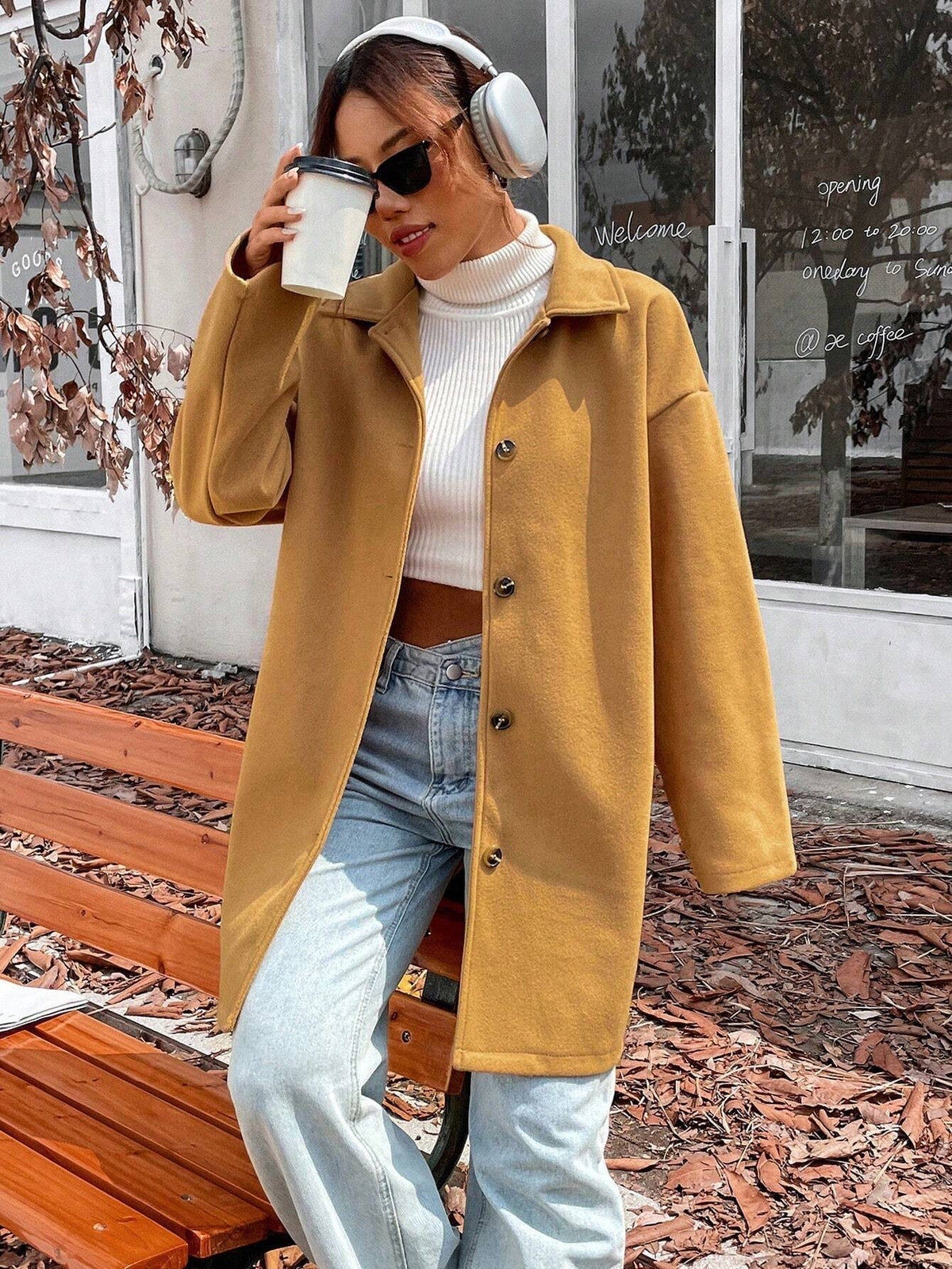 Cappotto In Lana Casual Colletto A Stelo Tinta Unita Per L'Autunno E L'Inverno