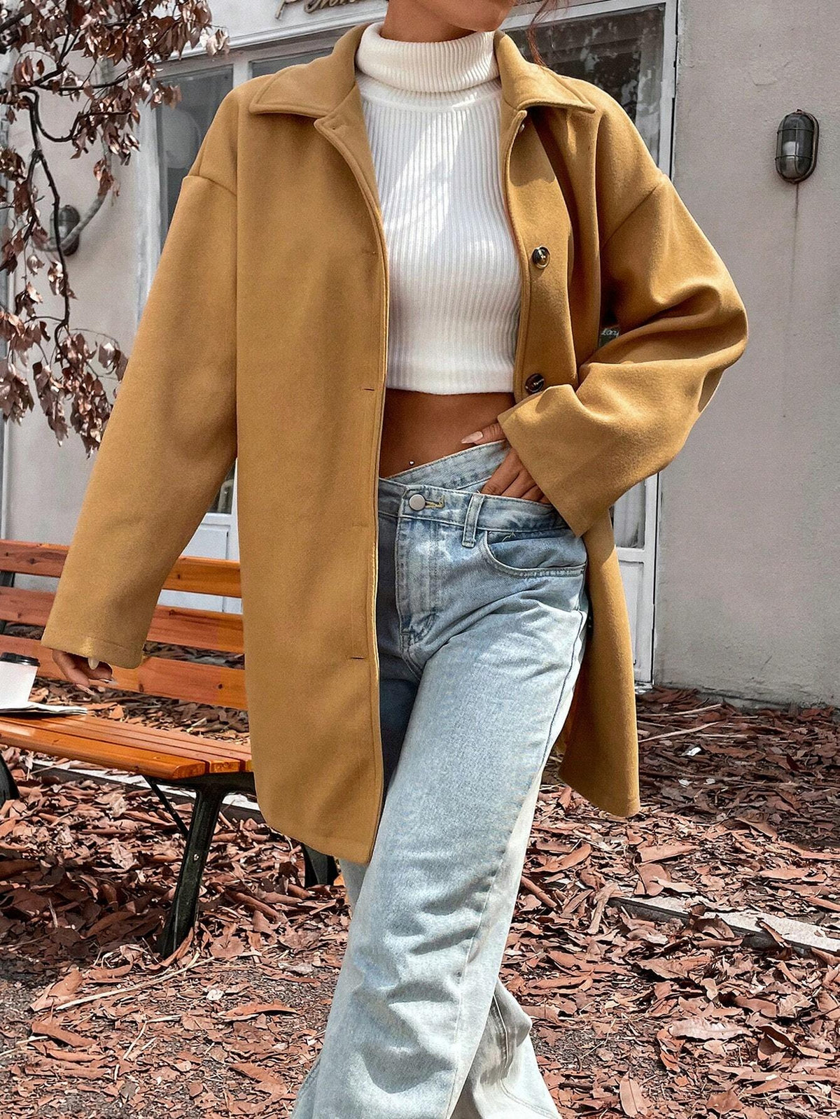 Cappotto In Lana Casual Colletto A Stelo Tinta Unita Per L'Autunno E L'Inverno