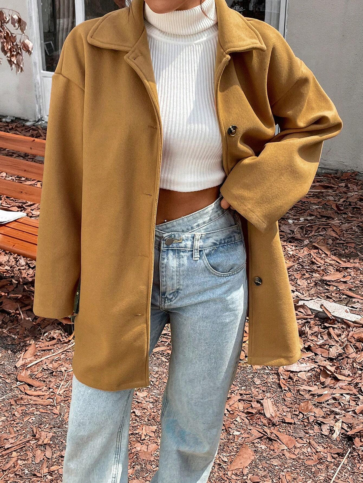 Cappotto In Lana Casual Colletto A Stelo Tinta Unita Per L'Autunno E L'Inverno