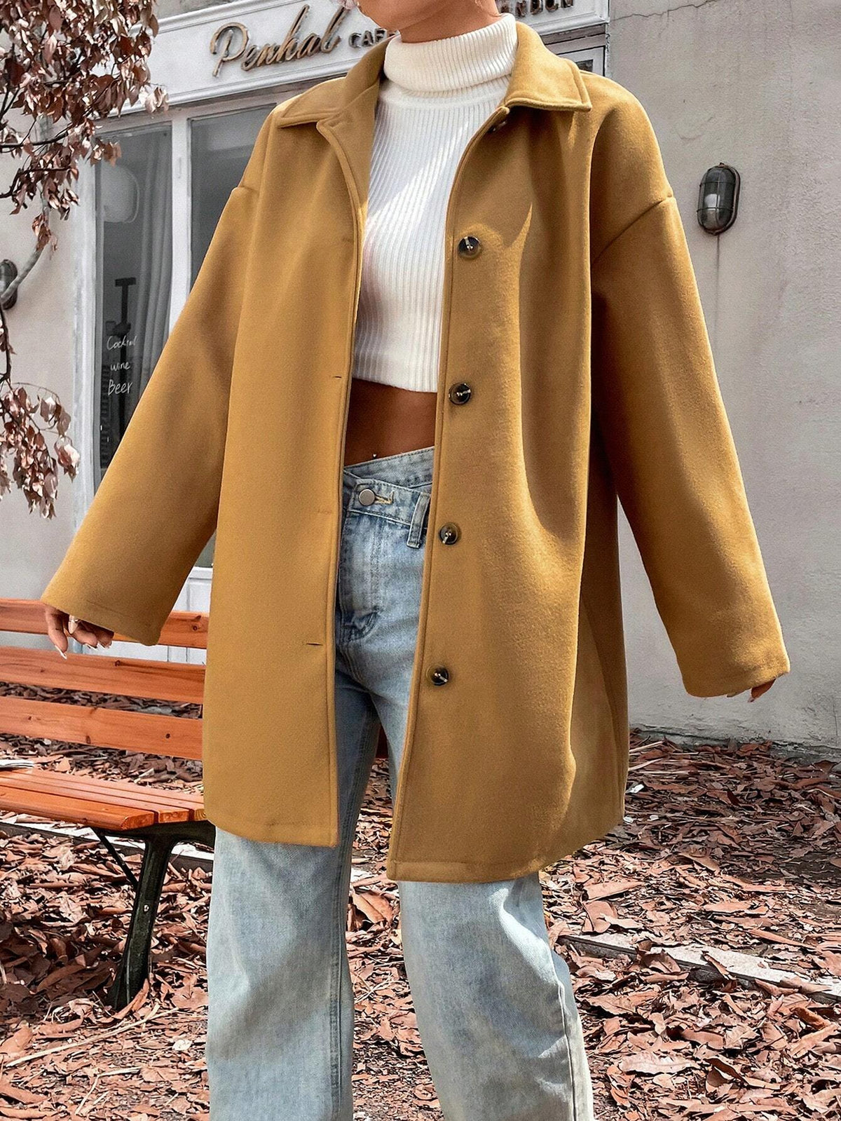 Cappotto In Lana Casual Colletto A Stelo Tinta Unita Per L'Autunno E L'Inverno