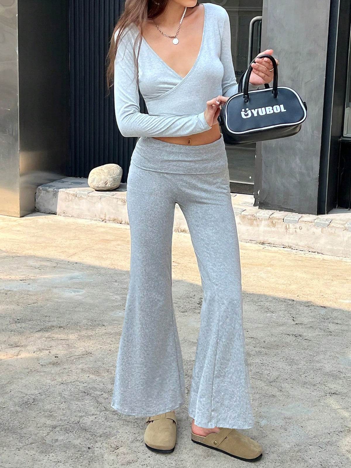 Set di top con laccio e pantaloni lunghi, casual da yoga e per la casa, colore grigio melange
