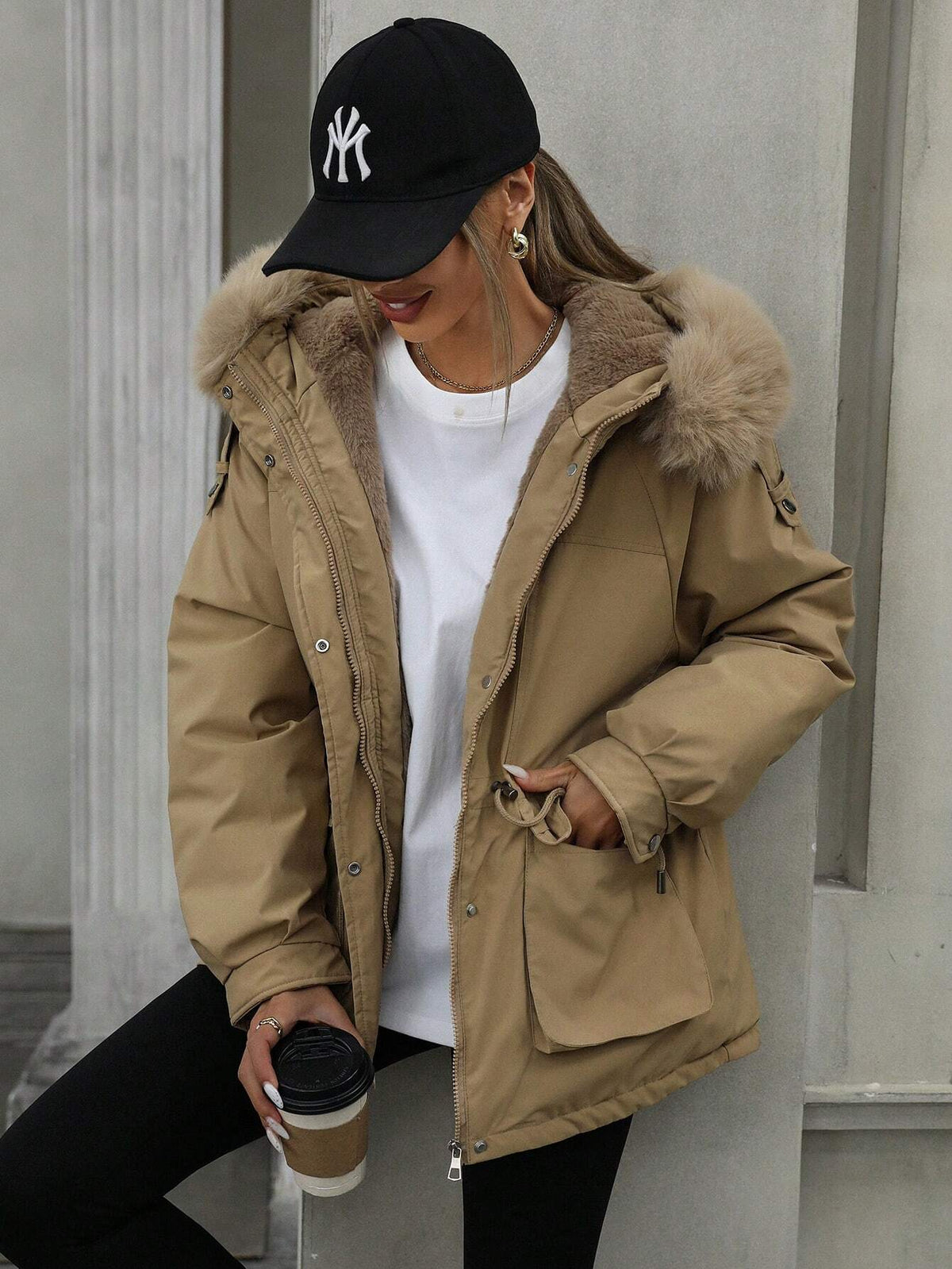 Parka con imbottitura oversize da donna, fodera in pile spesso, di media lunghezza, invernale