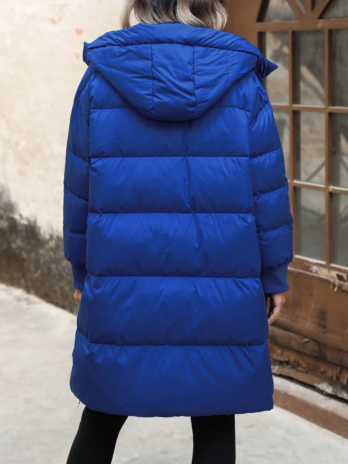 Giubbotto Lungo Imbottito Con Cappuccio Blu