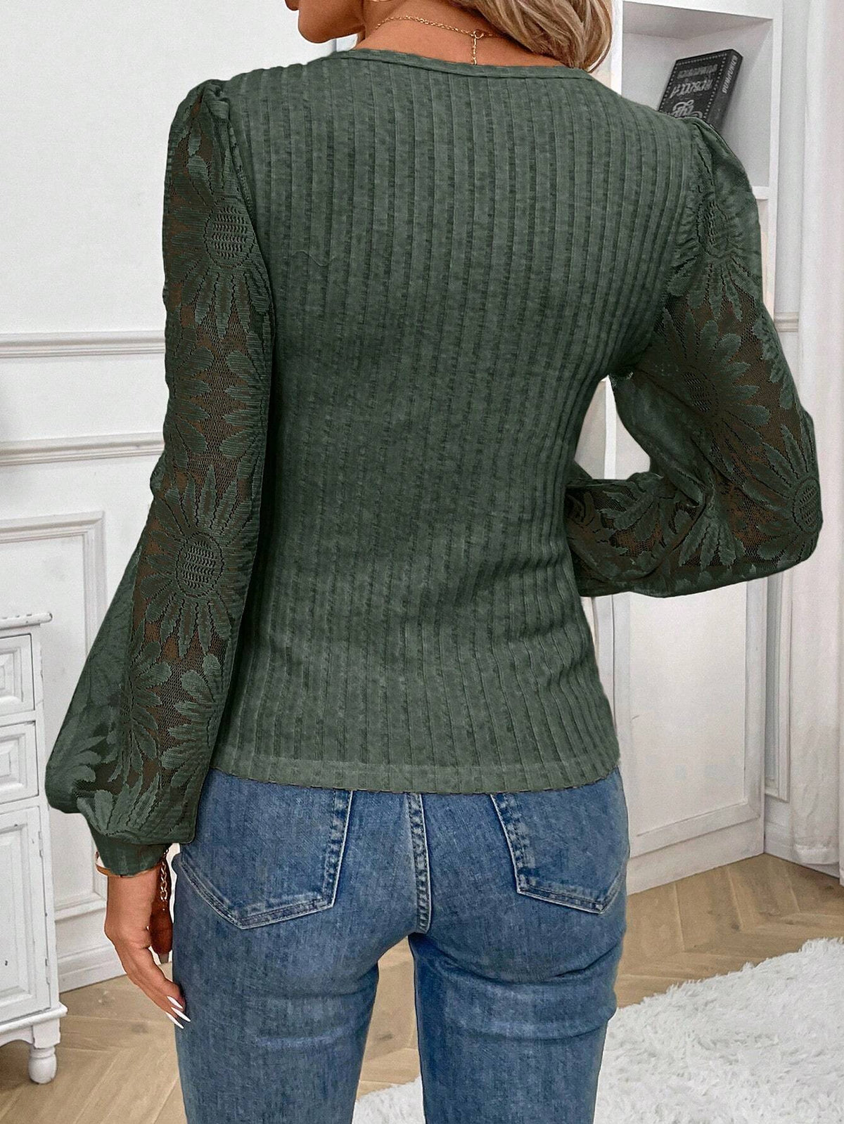 Maglia A Maniche Lunghe E Pizzo, Con Scollo A Cuore Per Donne