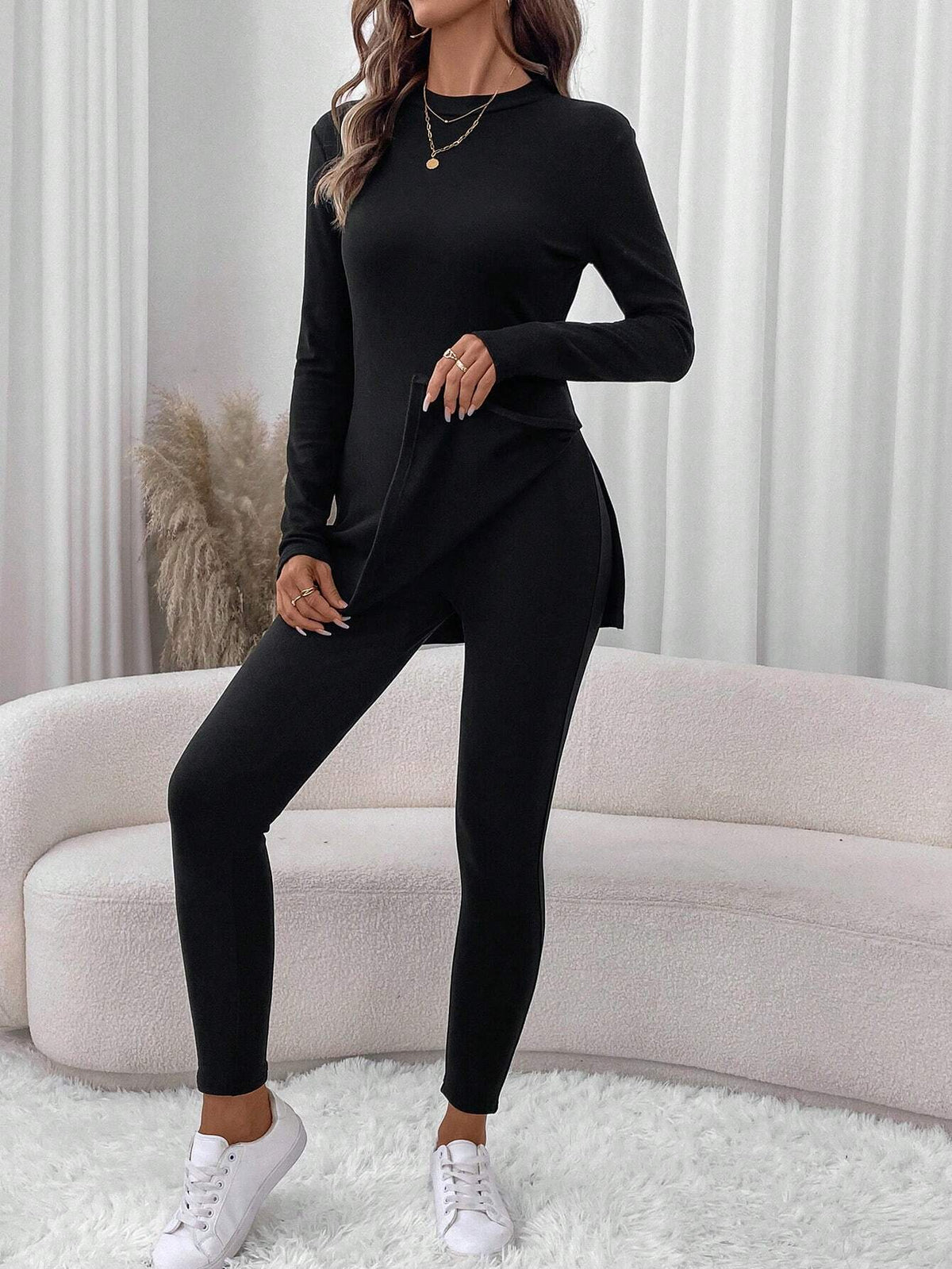 Set casual sportivo da donna con Maglietta aderente con spacco laterale e leggings skinny, foderato in pile caldo per autunno inverno