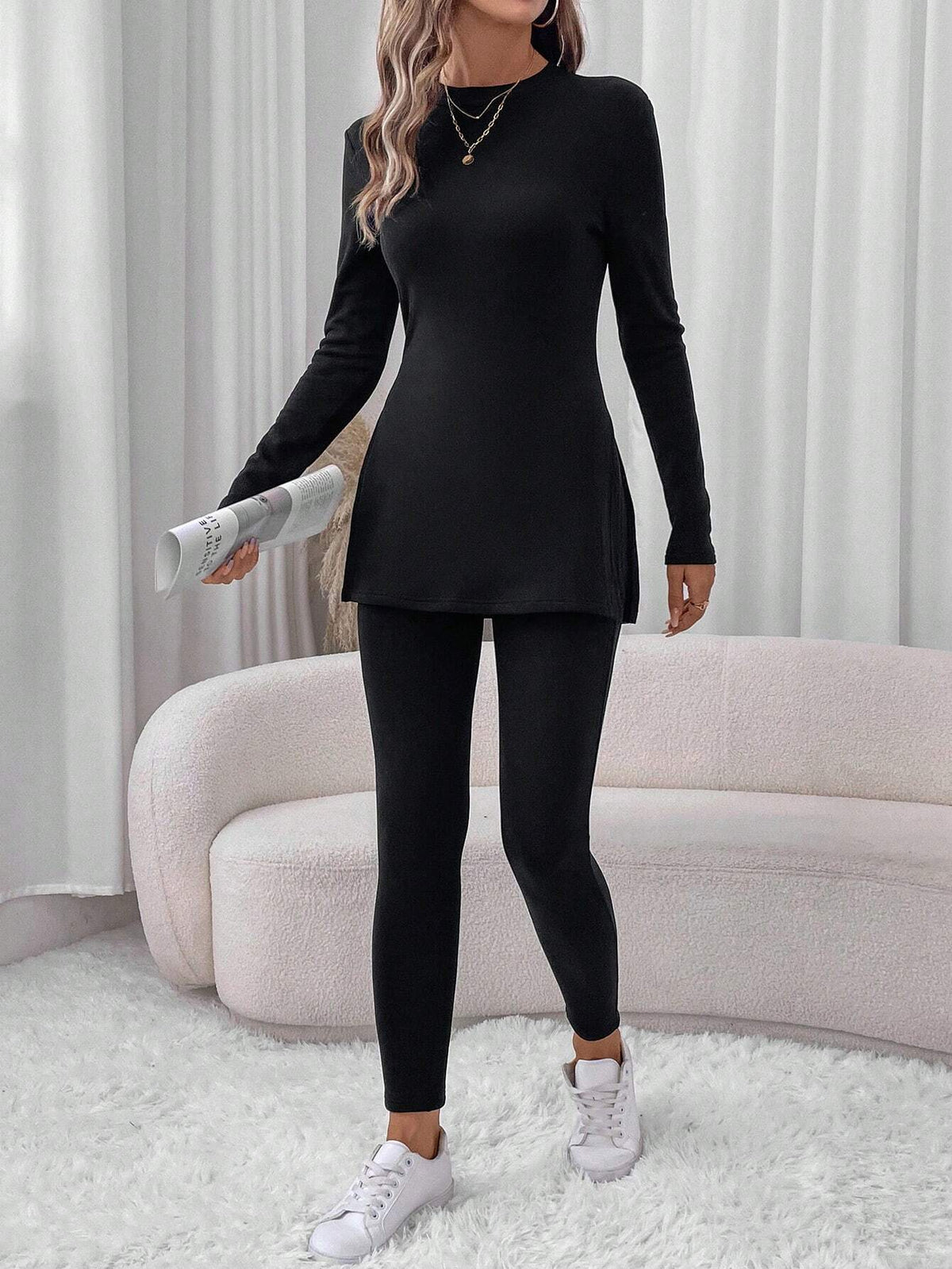 Set casual sportivo da donna con Maglietta aderente con spacco laterale e leggings skinny, foderato in pile caldo per autunno inverno