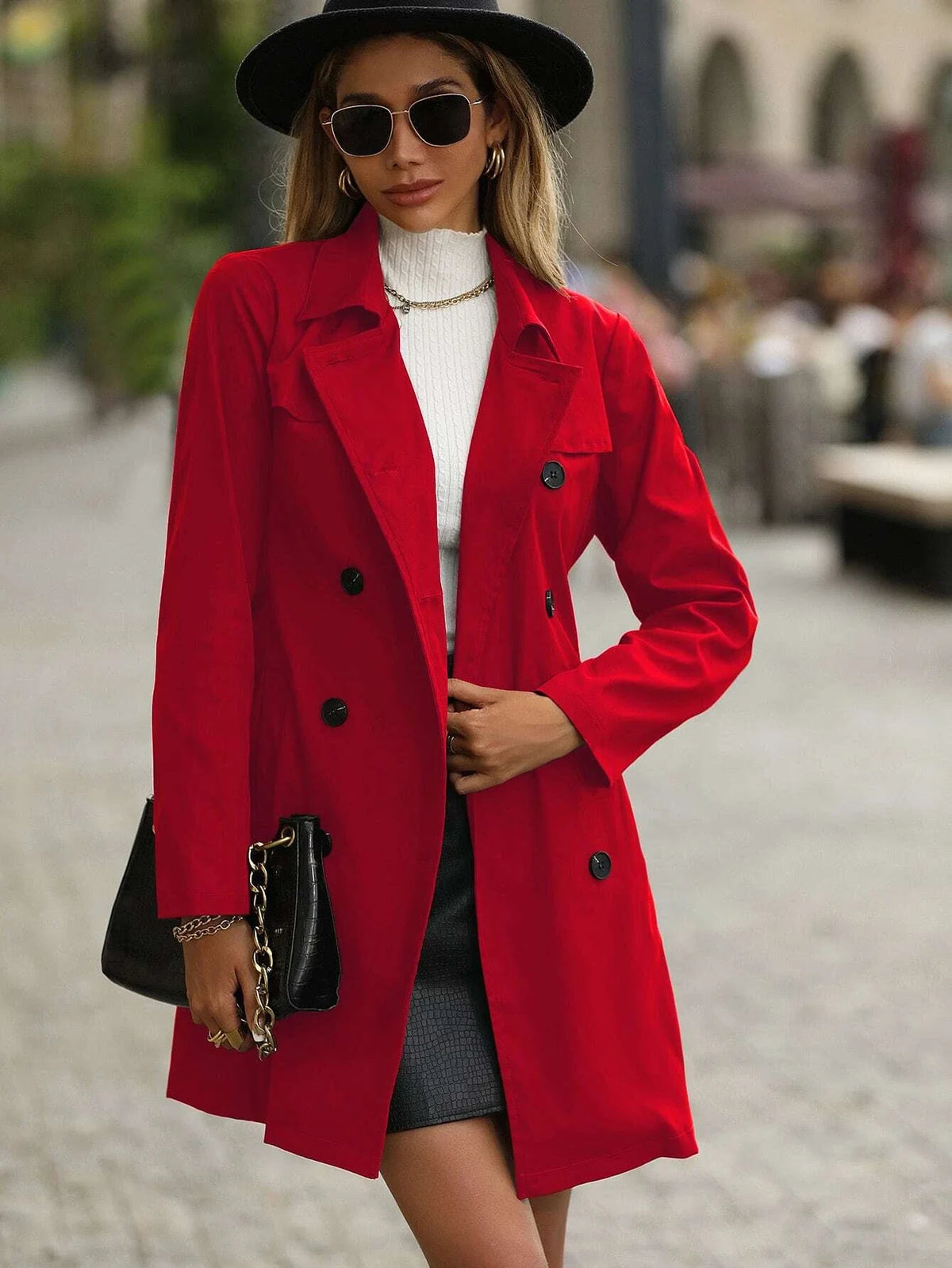 Trench coat casual con colletto alla coreana e chiusura doppiopetto, in tinta unita, adatto per primavera e autunno
