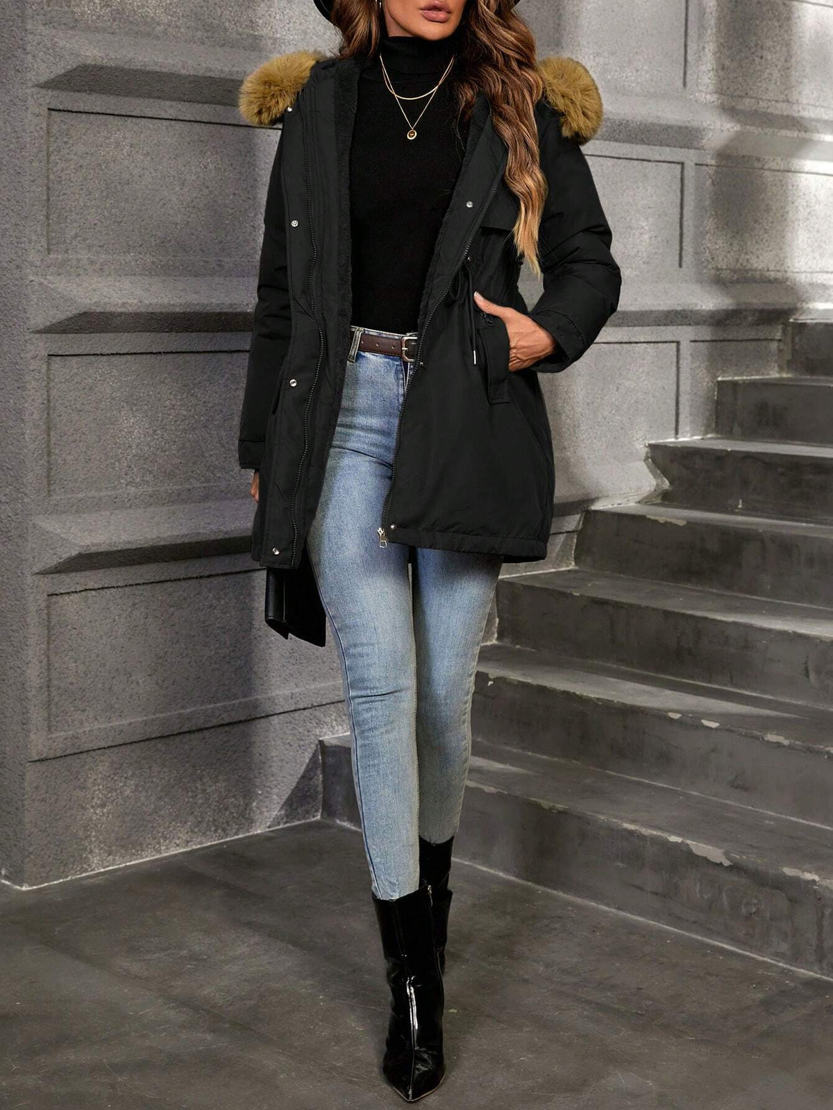 Cappotto parka con coulisse a vita bordo sfocato con cappuccio con zip