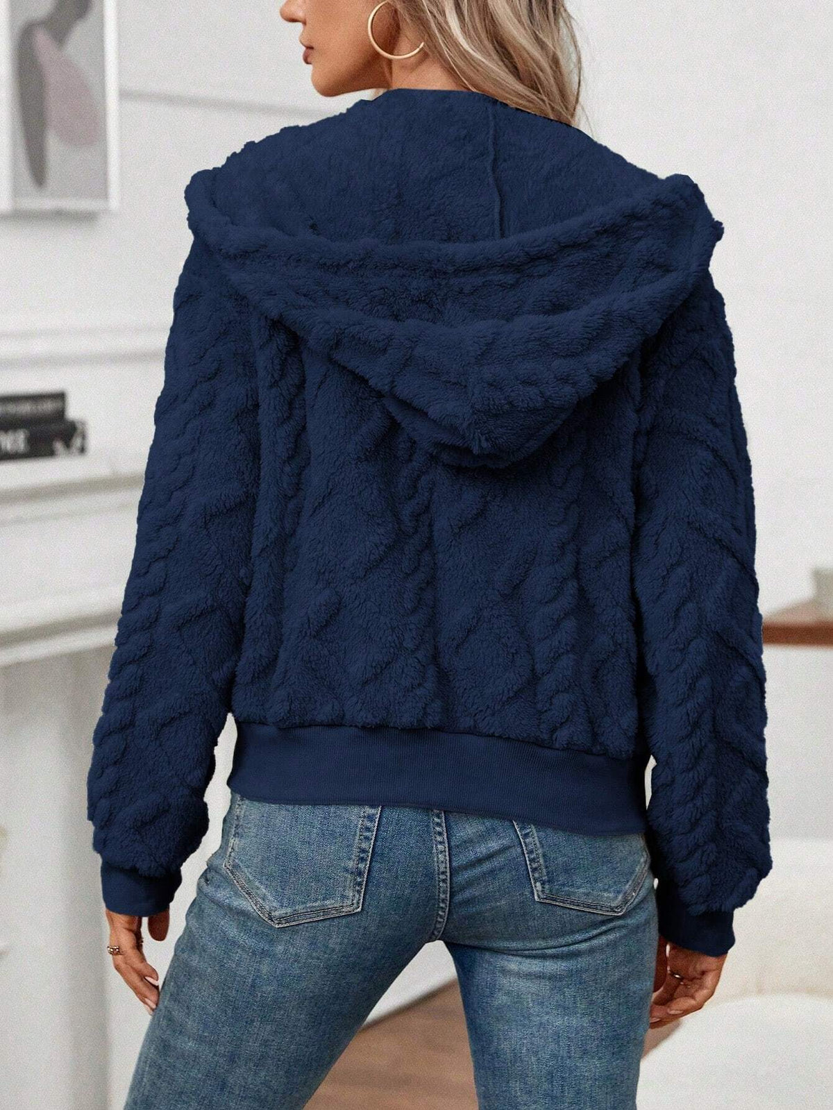 Giacca Da Donna Con Cappuccio In Peluche Testurizzato Nero