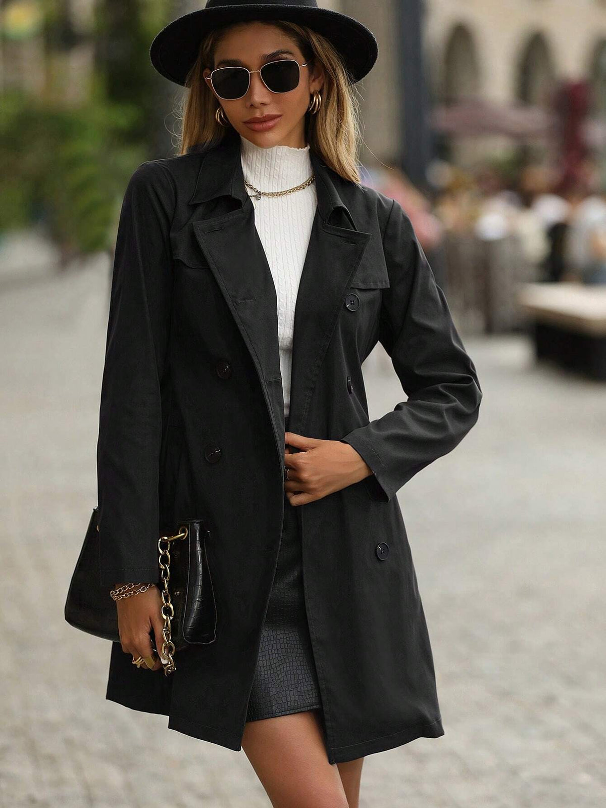 Trench coat casual con colletto alla coreana e chiusura doppiopetto, in tinta unita, adatto per primavera e autunno