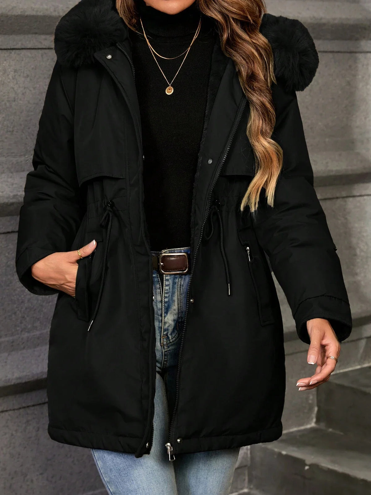 Cappotto parka con coulisse a vita bordo sfocato con cappuccio con zip