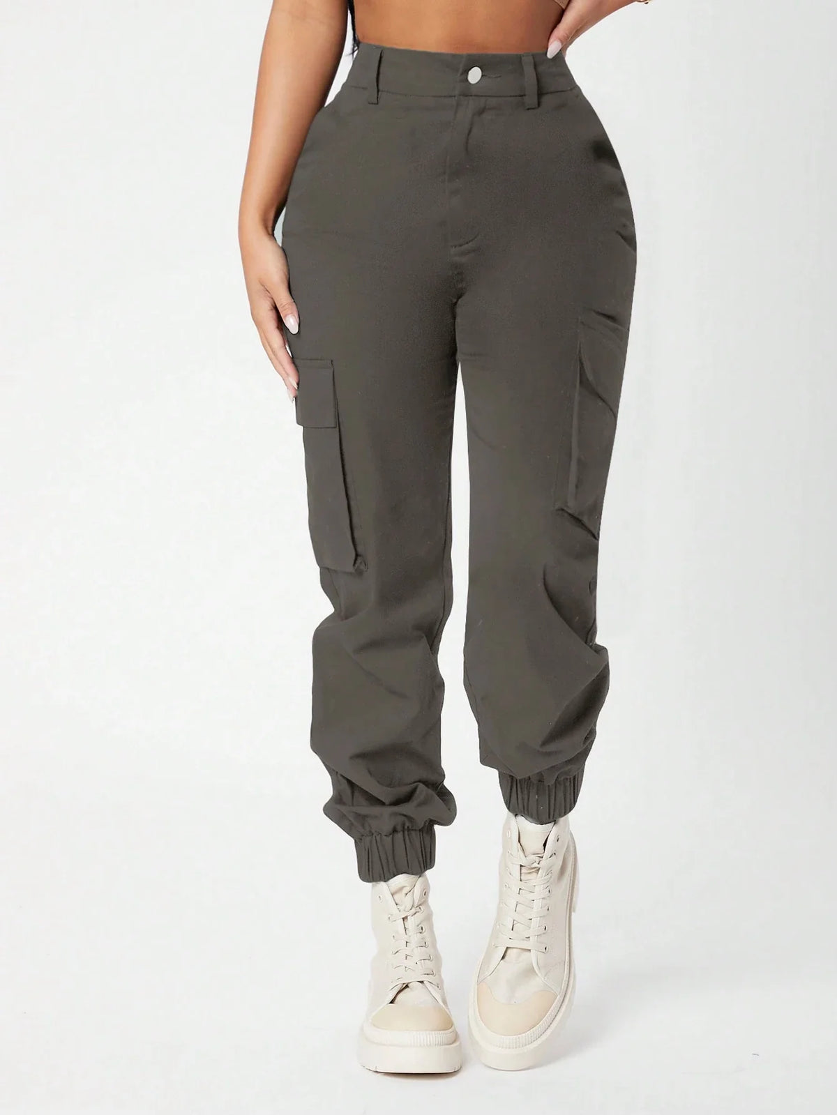Pantaloni vita alta tasca laterale con patta