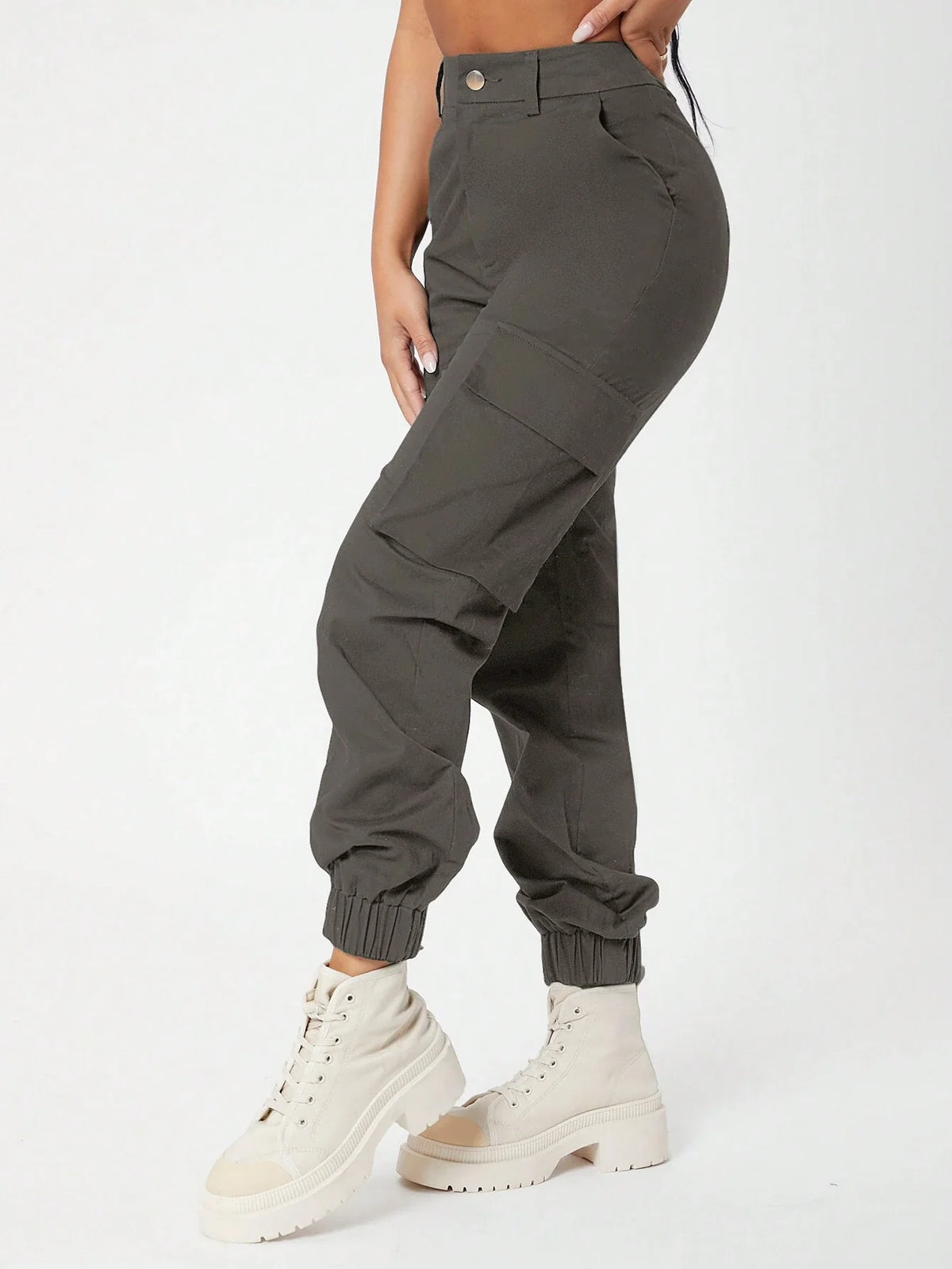 Pantaloni vita alta tasca laterale con patta