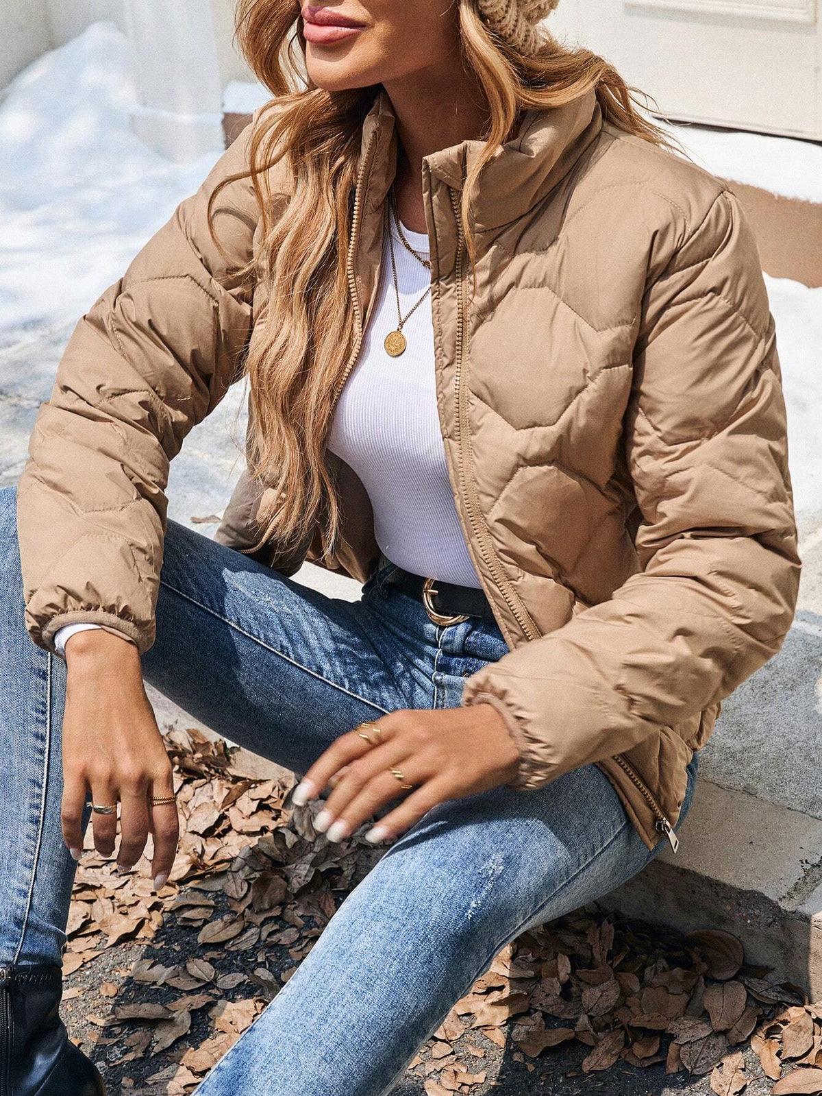 Giacca imbottita casual con chiusura lampo, maniche lunghe, di colore solido con tasche, adatta all'inverno