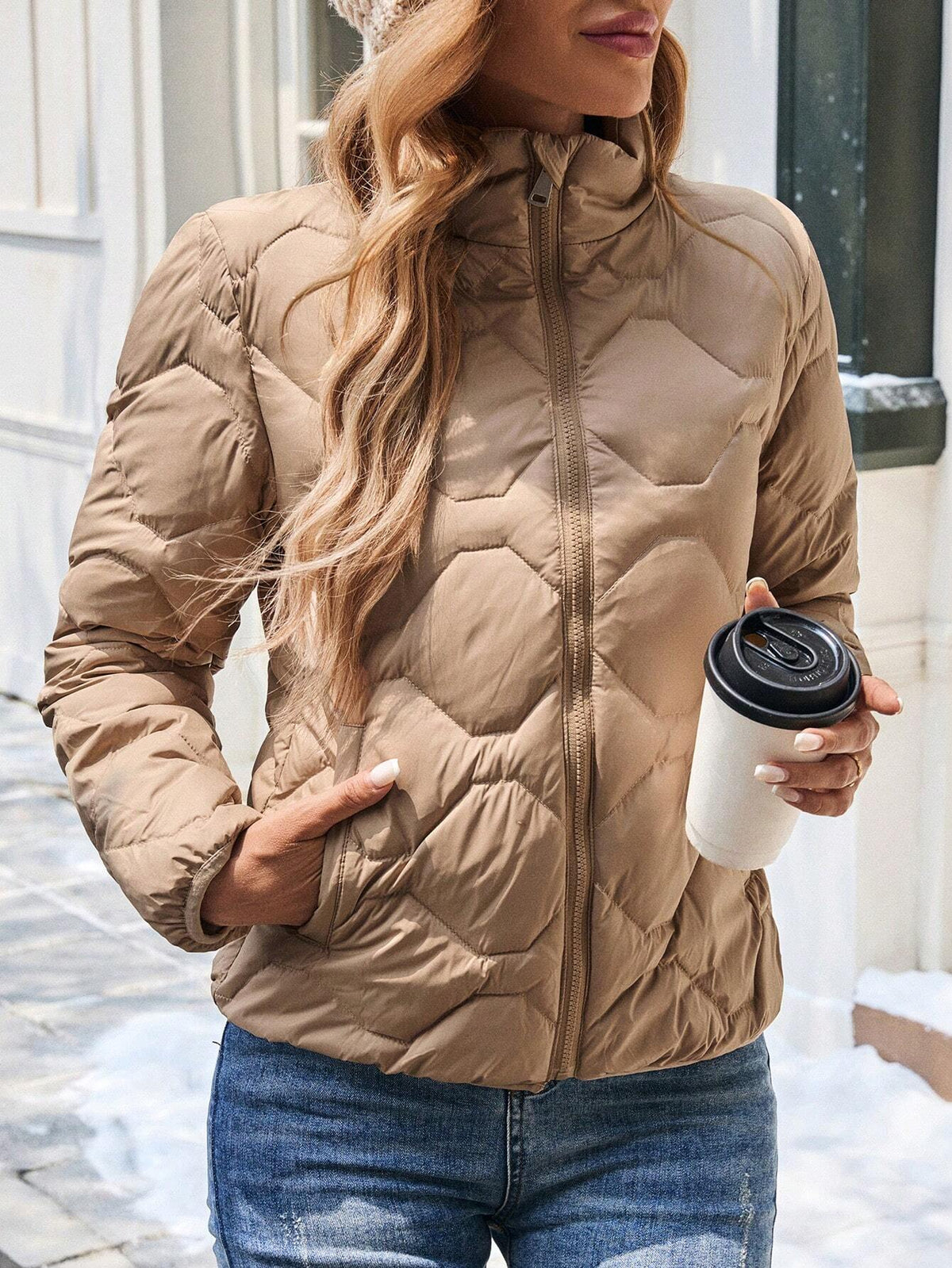 Giacca imbottita casual con chiusura lampo, maniche lunghe, di colore solido con tasche, adatta all'inverno